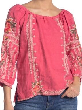 Johnny Was coral pink Paola Embroidered Peasant Top NWT